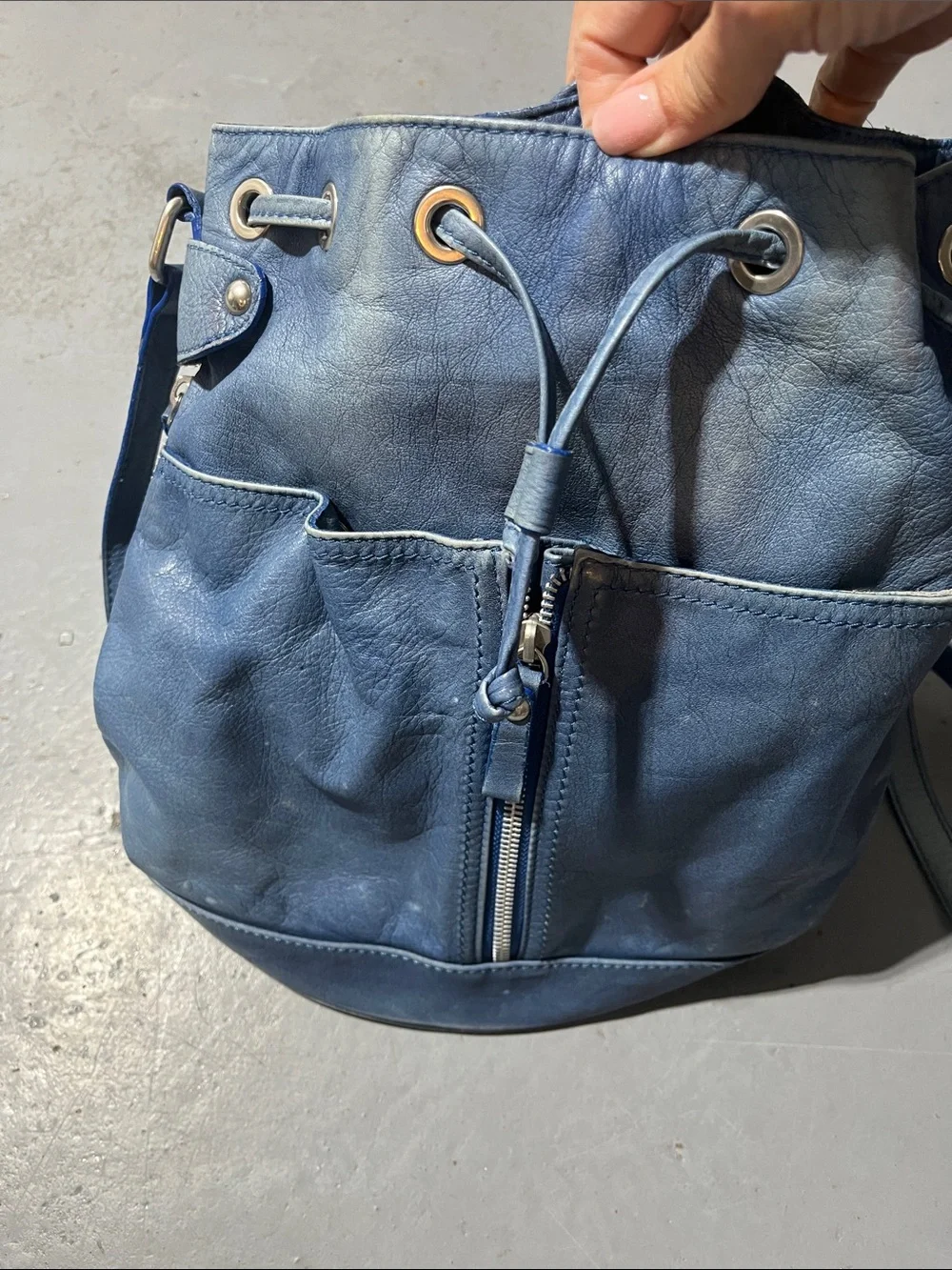 Garnet Hill Blue Leather Drawstring Shoulder Bucket Bag
